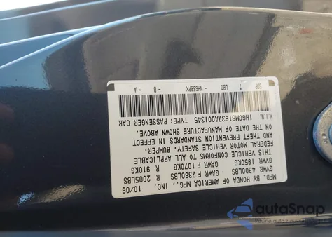 2007 Honda Accord 3.0 Ex from USA, damaged, VIN 1HGCM81637A001345